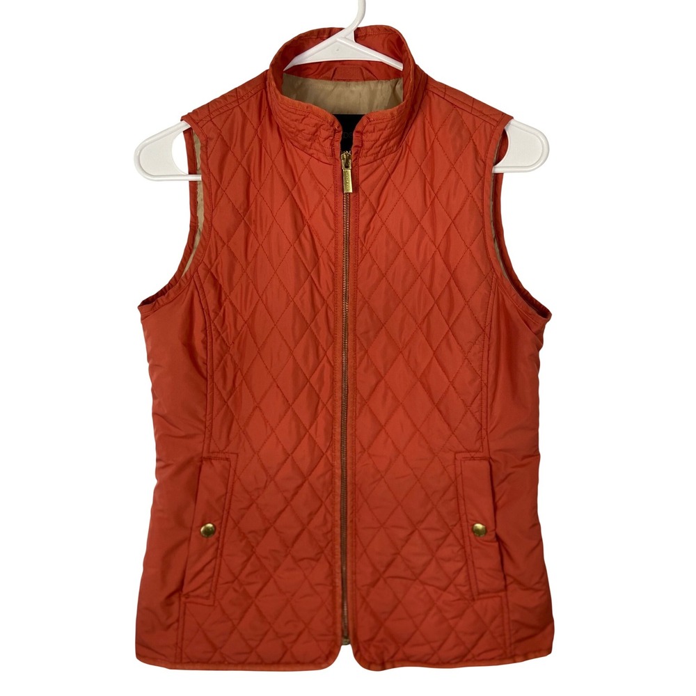 Lands End Womens XS PrimaLoft Quilted Vest Orange Full Zip Sleeveless‎